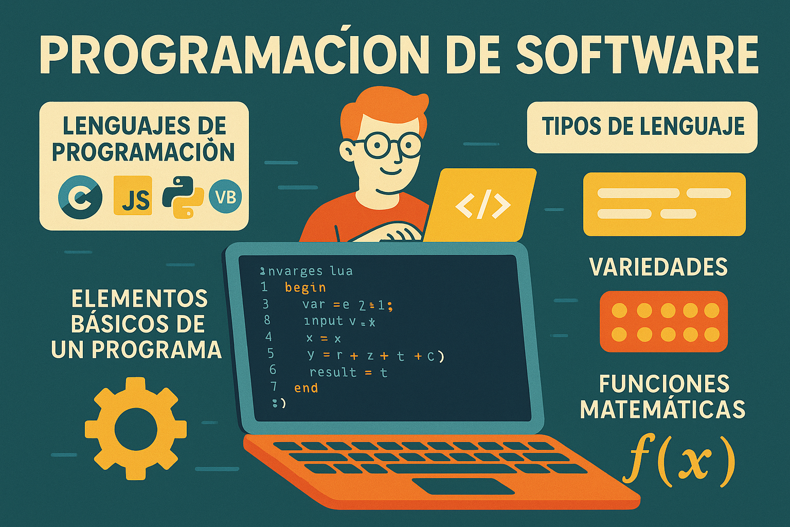 La imagen es una ilustración digital colorida y de estilo retro, diseñada como recurso educativo para la asignatura Programación de Software. Presenta un fondo verde oscuro y múltiples elementos gráficos organizados de forma clara y llamativa: 
En el centro, un portátil abierto muestra código en lenguaje Lua, destacando estructuras como begin, var, input, y expresiones matemáticas.

Arriba del portátil, un personaje con cabello naranja, gafas y camiseta roja sostiene una laptop amarilla con el símbolo de código (</>), representando a un programador.
A la izquierda:
Un recuadro titulado "Lenguajes de programación" con íconos de C, JavaScript (JS), Python y Visual Basic (VB).

